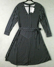Ralph Lauren Dress 14 Pinstripe Belted V-Neck Long Sleeve Office Classy Midi LRL