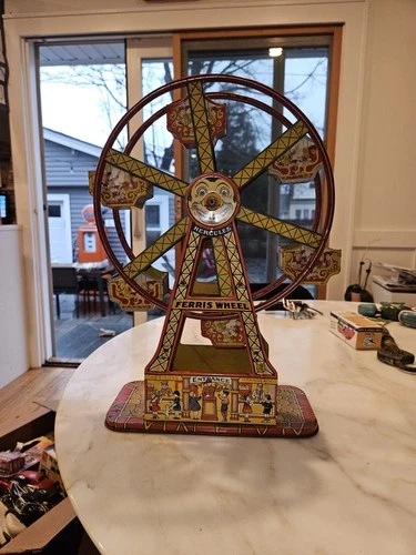 1930's Vintage J Chein Co Tin Wind-Up Ferris Wheel Hercules Mechanical Litho USA