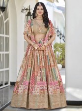 Bollywood Inspired Beige Silk Lehenga Choli Set with Chiffon Dupatta