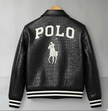 New Polo Varsity Bomber Jacket 100% Genuine Crocodile Leather, Black  Color | RL