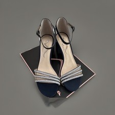 Nina Navy Rhinestone Glitter Strappy Block Heel Ankle Strap Buckle Sandals