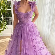 3D Butterfly Tulle Prom Dresses Lace Applique Princess Long Ball Gown with Slit
