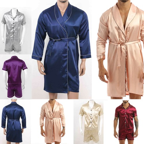 Mens Silk Satin Pajamas Set Short Sleeve Shirts Top Pants Sleepwear Underwear - Picture 4 of 66