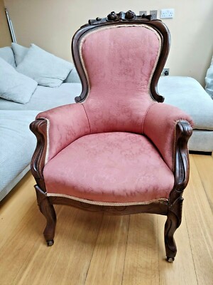 Antique Chair Red Pink Upholstery Wood French Victorian Style