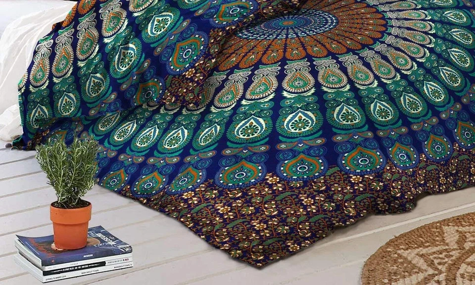 King Size Mandala Hippie Gypsy Indian Blue Quilt Duvet Doona Cover Bedding Set - Image 2 of 4