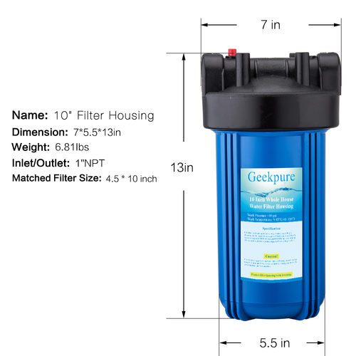 Geekpure 10 Inch Whole House Water Filter Housing 1"NPT Fit 4.5" x 10" BB Filter - Picture 2 of 7
