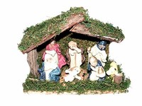 Weihnachtskrippe - Moosbedeckter Stall Mit 7 Handbemalten Porzellanfiguren