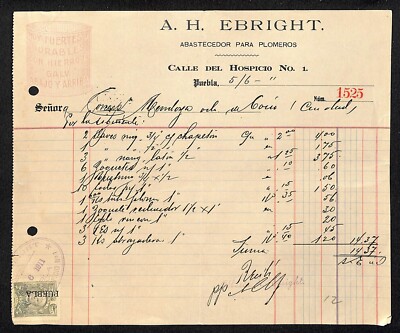 Puebla, Mexico A.H. Ebright ''Supply for Plumbers'' 1911 Billhead w/ Rev Stamp