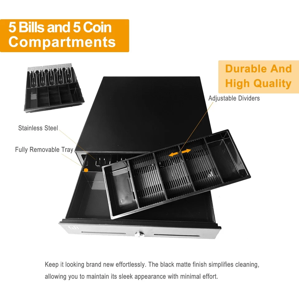 Cajón de caja registradora 16" sistema POS 5 billetes 5 monedas 3 formas de desbloqueo Foto 2 de 4