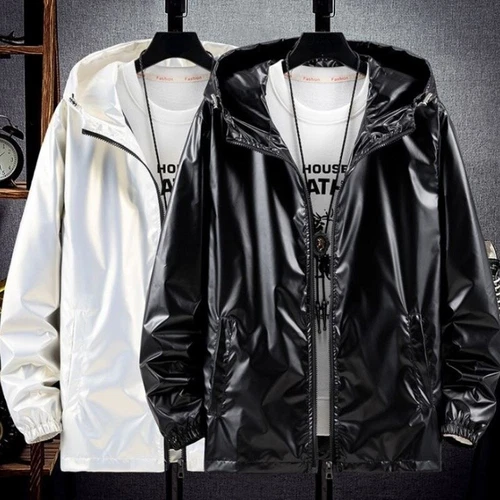 Herren glänzende Jacke Kapuze Mantel holografisch Harajuku Mode Top Freizeit - Bild 3 von 23
