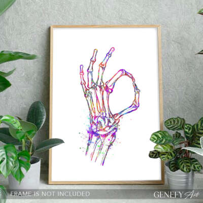 Skelett Handschild Kunstdruck - Lustiger Skelett Kunstdruck - OK Schild Kunstdruck