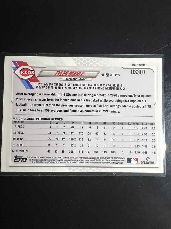 2021 Topps Chrome Update Sapphire Tyler Mahle US307 Cincinnati Reds - Image 2 of 2