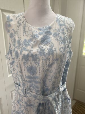 NWT Calvin Klein White Blue Embroidered Belted Fit & Flare Dress 14 $179 |  eBay