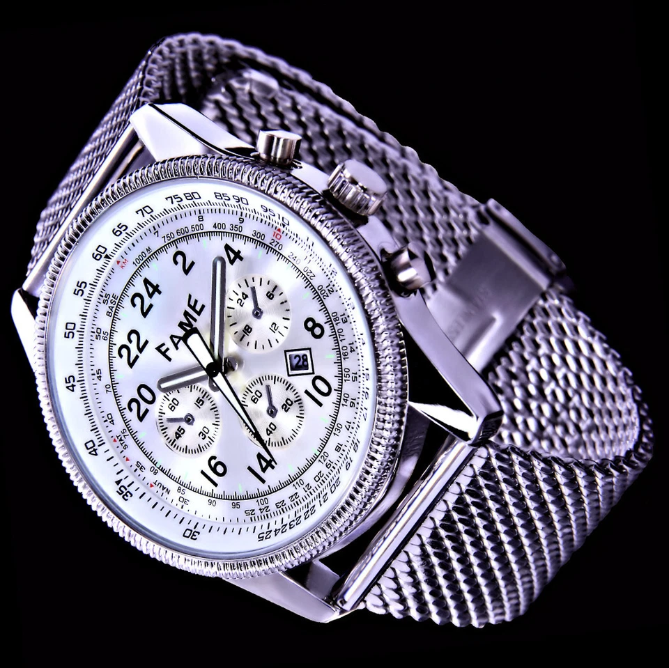 Fame Herren Mesh Armband Männer Quarz Uhr Silber Farben Datum Edelstahl SI-6 - Bild 2 von 4