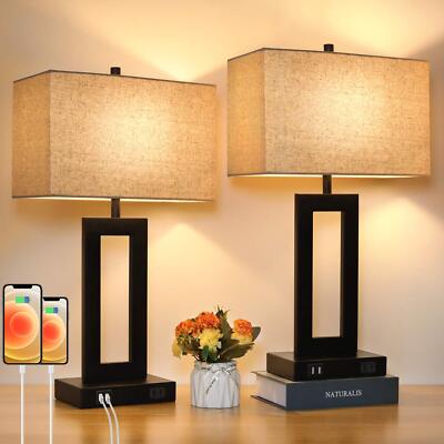 Set of 2 Touch Control Table Lamp with 2 USB Ports 3-Way Dimmable Modern Nigh...
