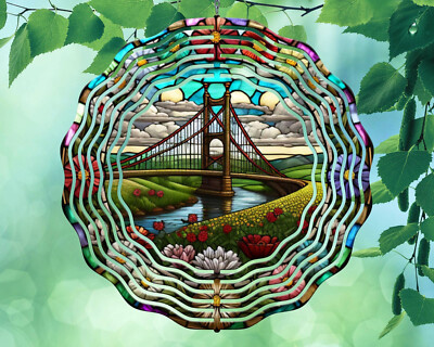 10'' Bridge Flowers River Stained Glass Wind Spinner Yard Decor 3D Kinetic rws075