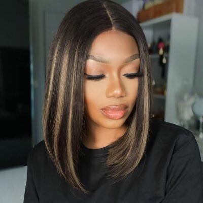 2x6 Lace Front Wig Highlight Brown Straight Short Bob Human Hair Wig Deep U Part
