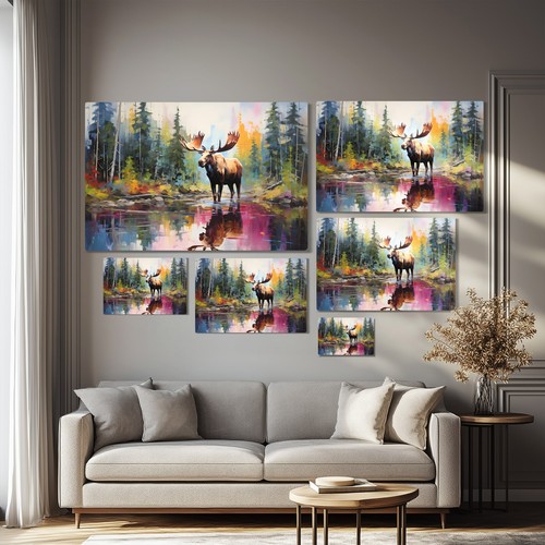 Elch Aquarell Gemälde Druck Leinwand Wandkunst Wildtiere Tiere Lodge Dekor - Bild 5 von 10