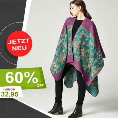 LA FERANI DAMEN Wolle PONCHO Vintage Umhang Cape Überwurf Winter Schal Mantel lila Wrap