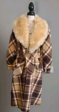 Vintage 70s Faux Fur Collored Fall Plaid Long Coat Sz8 10