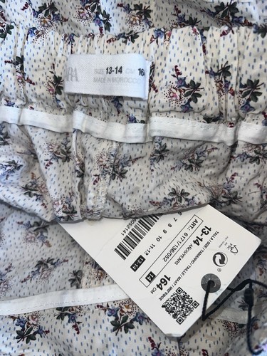 Zara Girls White Blue Textured Pleated Floral Pants Sz 13-14 NWT - Picture 3 of 3