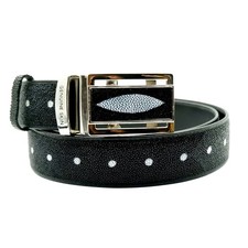 New EXSOOTTI Black Real Ray Leather Skin Metal Auto Buckle Belt 1.5 x 45 inch.