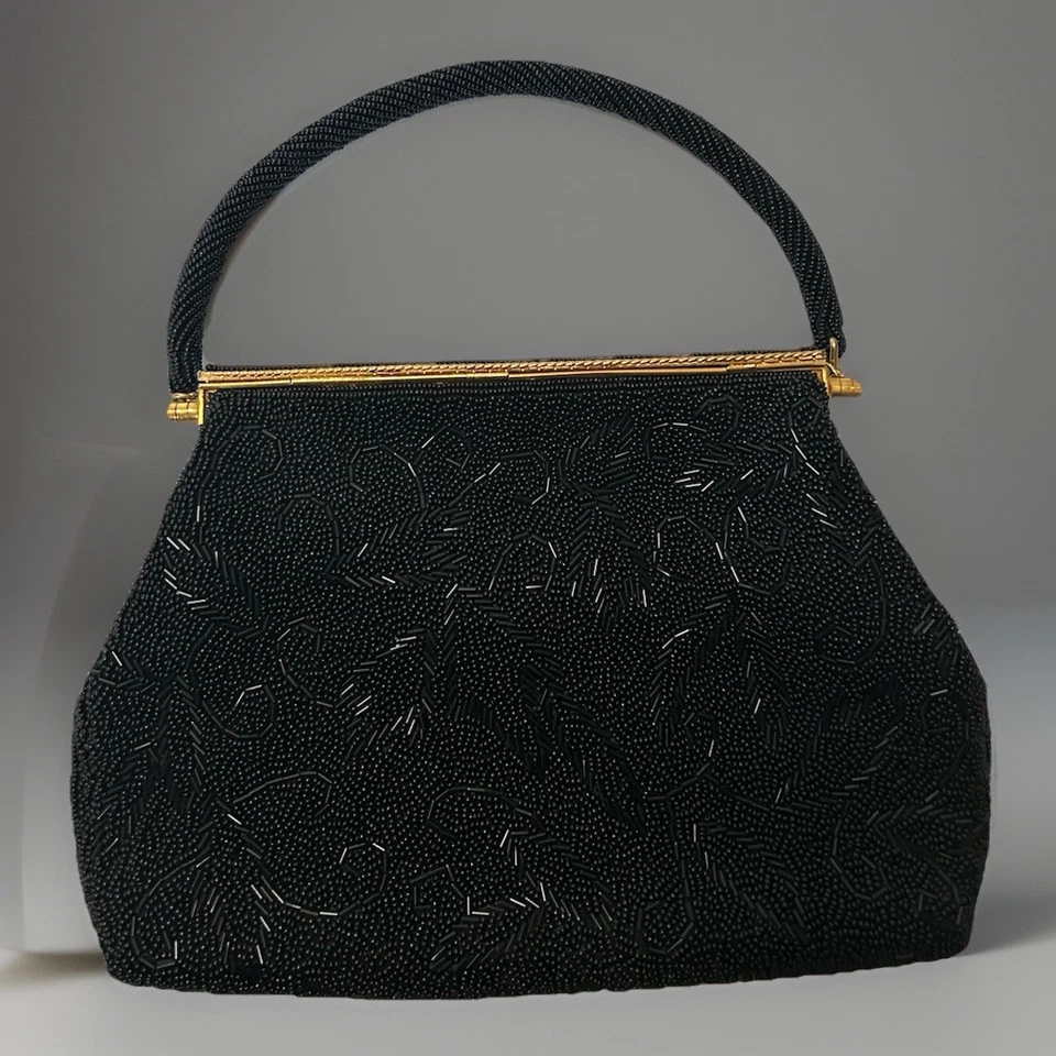 Vintage Black Bead Evening Bag  W/Scalloped Closure-Handmade Hong Kong 7"x 10” - Image 2 of 4