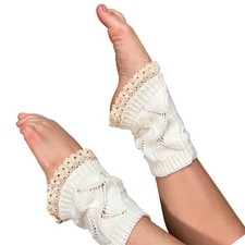 Boho Cable Knit Leg Warmers with Crochet Lace Trim Cream Ankle Socks One Size