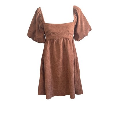 Audrie Parks Francesca's Brown Corduroy Puff Sleeve Babydoll Dress S Cottagecore