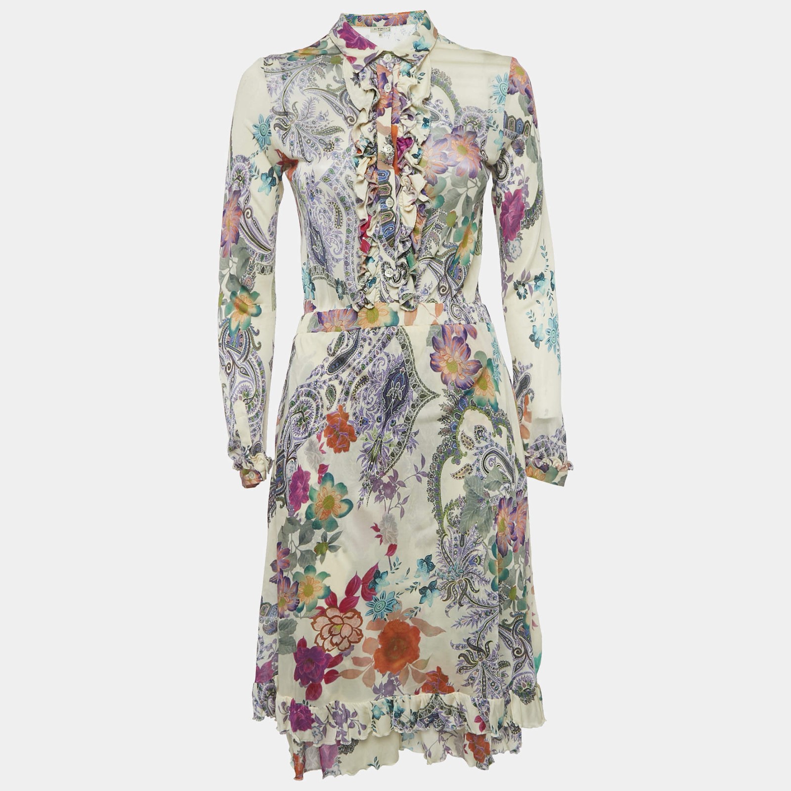 Etro Multicolour Floral Print Jersey Shirt Collar Mini Dress S