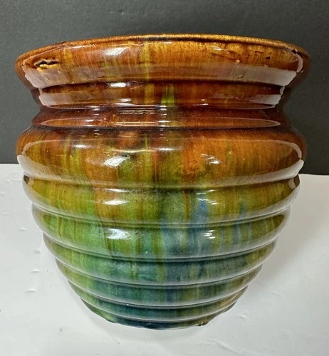 Vintage McCoy Pottery Art Deco Rings Majolica Jardiniere Planter Blue Green 9"