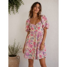 Zara Womens Floral Puff Sleeve Mini Dress Sweetheart Neck Pink Purple Small NEW