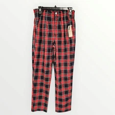 Nwt JOLT Women Red Navy Plaid Pleated Paper Bag Trouser Pants S