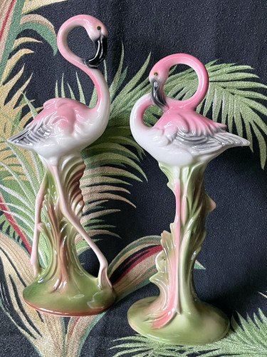 Vtg 1959 MADDUX  CA Pottery 308 10 1/2"/309 9 1/2" Pink FLAMINGO FIGURINES - NOS