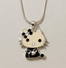 Hello Kitty Enamel with Rhinestone Pendant Necklace w/ Chain Silver Tone