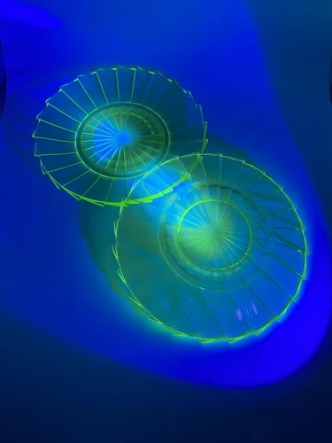 Vintage Uranium Depression Glass Jeannette Sierra Pinwheel Design 5.5” Saucers