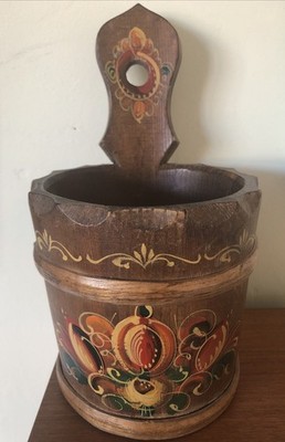 Vintage skandinavischer handbemalter Eimer Pflanzgefäß Streichhölzer Wandtasche