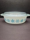Vintage Pyrex White & Turquoise 2 1/2 QT Snowflake Casserole Dish W/Lid Oval 045