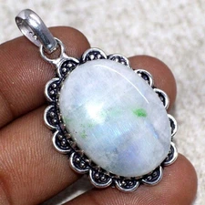 Top Quality Rainbow Moonstone 925 Silver Plated Gemstone Pendant 1.8" JW