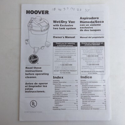 Hoover Wet Dry Vac With Exclusive Two Tank System Operation Manual Owners Guide 