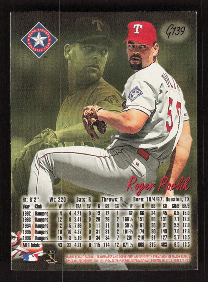 1997 Ultra Gold Medallion #G139 Roger Pavlik Texas Rangers - Image 2 of 2