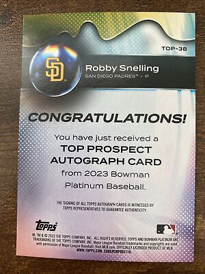2023 Bowman Platinum Robby Snelling #TOP-38 Auto San Diego 2023 Bowman Platinum Robby Snelling #TOP-38 Auto San Diego