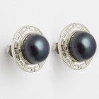 14k Solid White Gold Greek Key Black Pearl Earrings — photo 2
