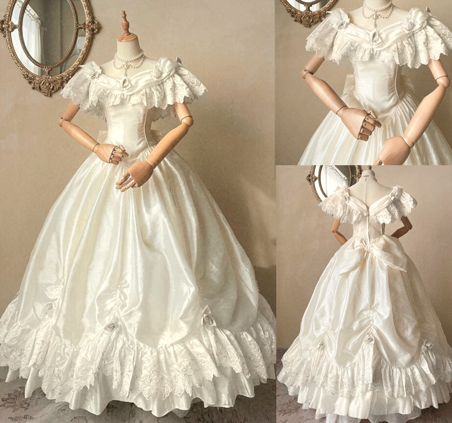 Vintage White Wedding Dresses Satin Victorian Off Shoulder With Bow ...