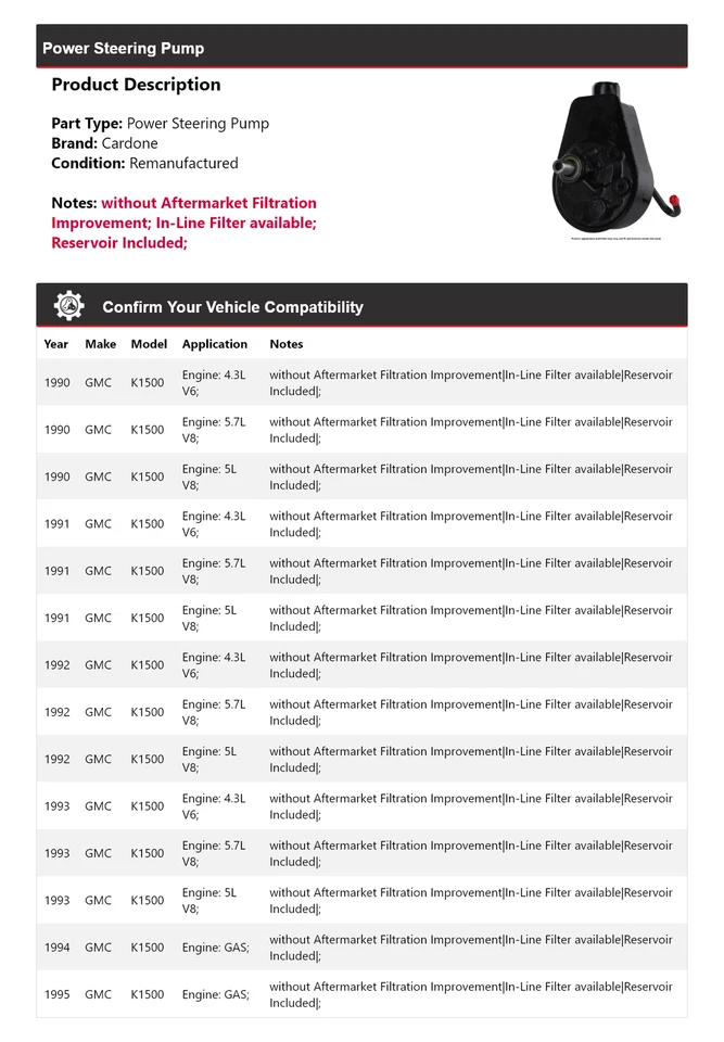 适用于 1990 - 1995 年 GMC K1500 动力转向泵 Cardone 1991 1992 1993 1994 — 第 2/4 张图片