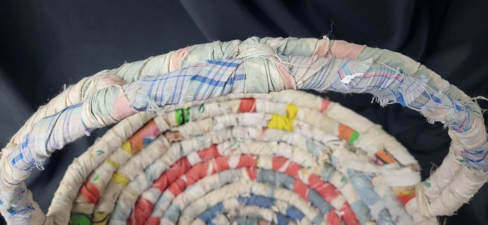 Vintage Handmade Bamboo & Fabric Basket Cottage Core Primitive Pastel 14"x12"x13 - Image 4 of 4