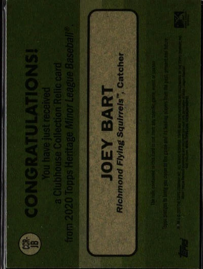 2020 Topps Heritage Minor #CCR-JB Joey Bart Clubhouse Relics D482 - Image 2 of 2