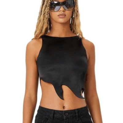 The Kript Black Satin Asymmetrical Top Women s Large