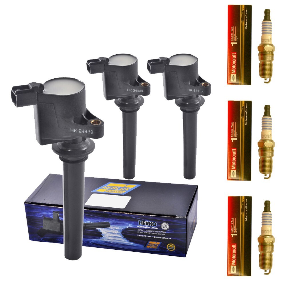 Set of 3 Motorcraft SP413 Spark Plugs  3 Herko B056 Ignition Coils