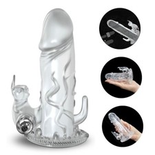 Vibrating Male Penis Extension Cock Ring Sleeve Cage Sex Toys for Couples Men